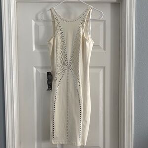 Bebe Addiction Cream Backless Dress with Silver Accents
